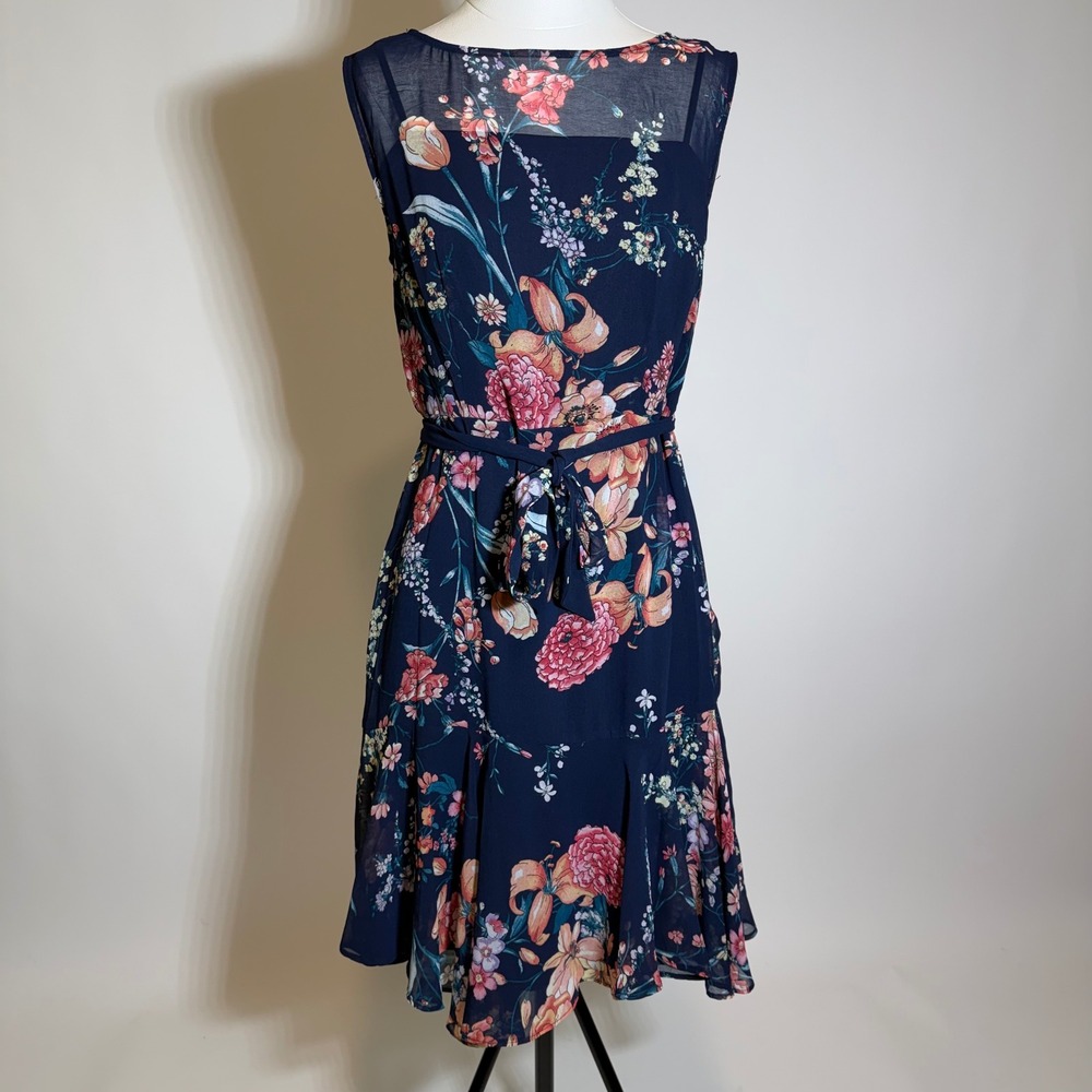 Roz & Ali Navy Multicolor Floral Sleeveless Chiffon Belted Sheath Dress Size 8